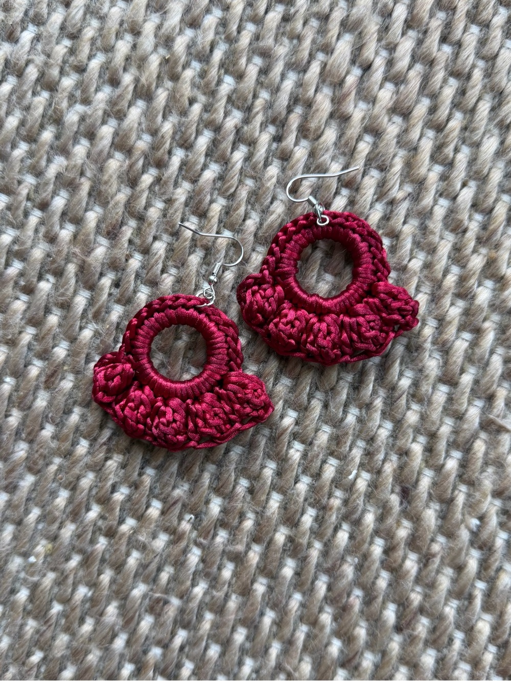 Handmade Burgundy Crochet Hoop Earrings